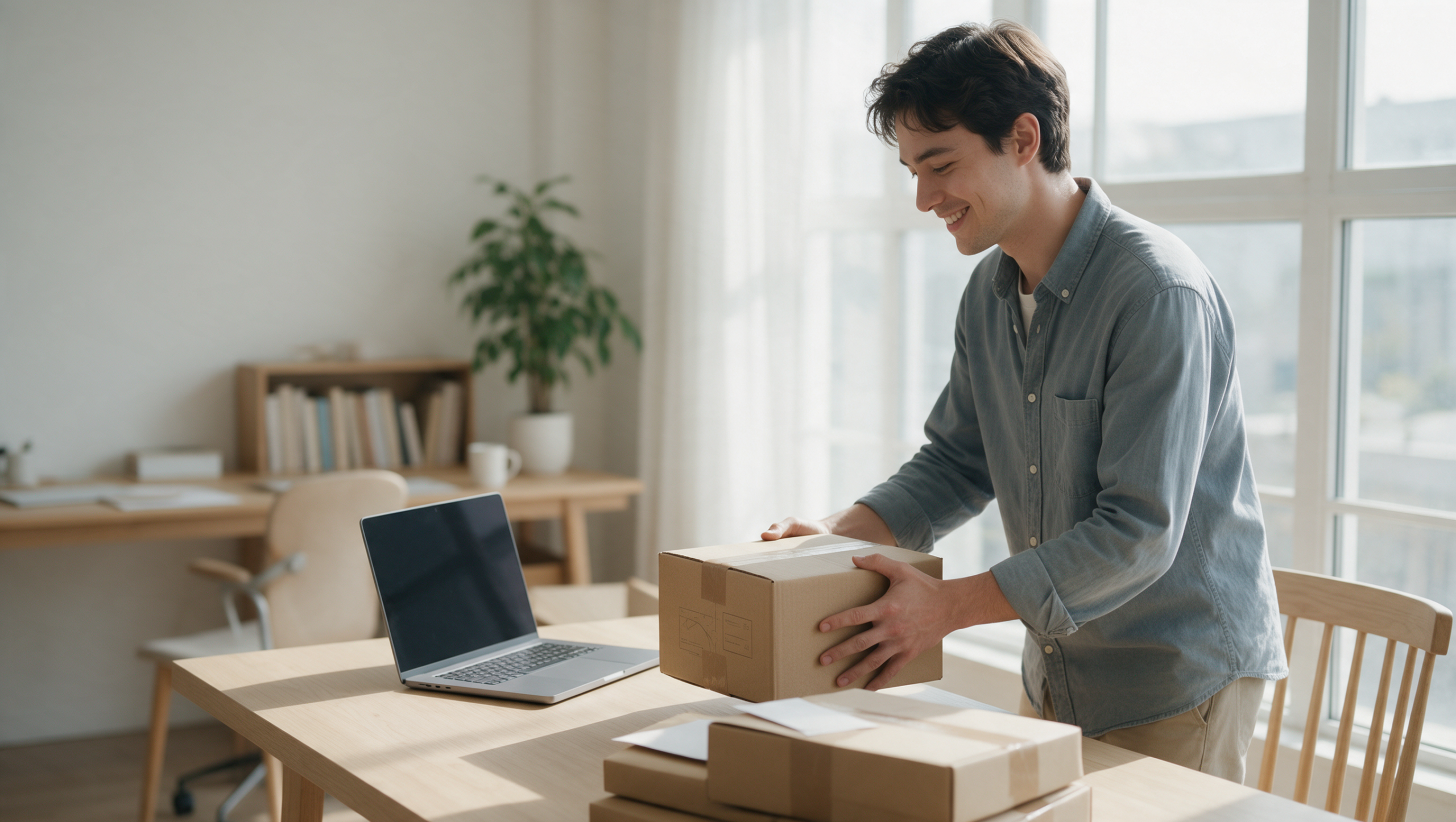Webshopeigenaar met kartonnen pakket en verzenddozen op bureau, zakelijk retouradres voor een webshop